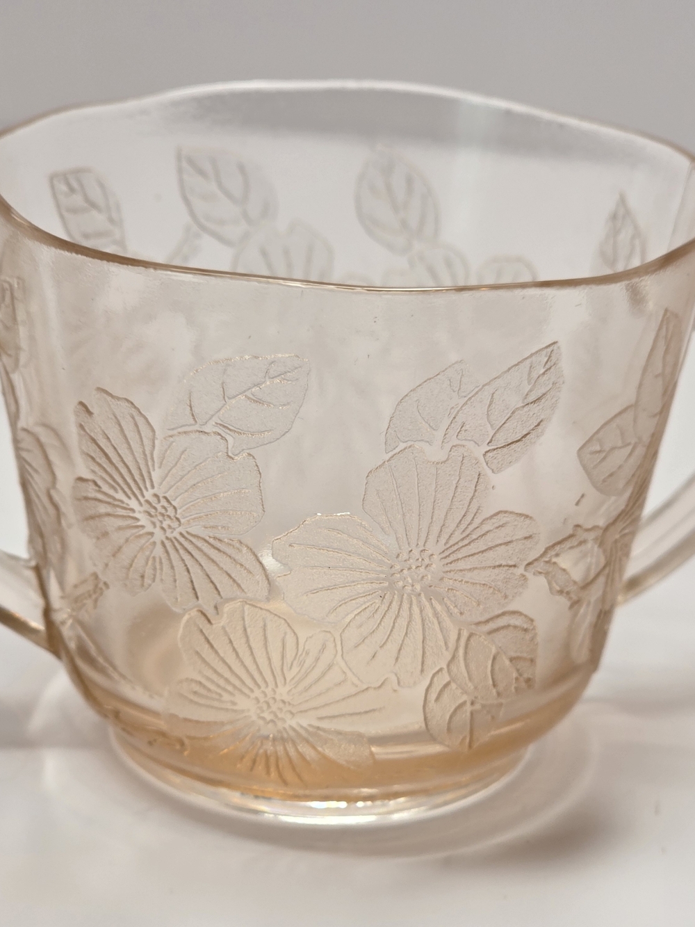 Embossed Dogwood Floral Depression Glass Sugar Bowl And Creamer Set. Cottagecore